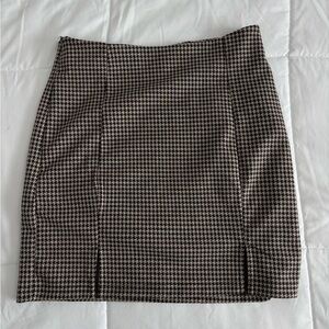 Brown and White Houndstooth Mini Skirt